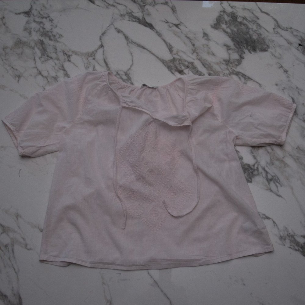 Lucky Brand Ladies Pink Cotton Boho Embroidered Short Sleeve V Neck Top Large